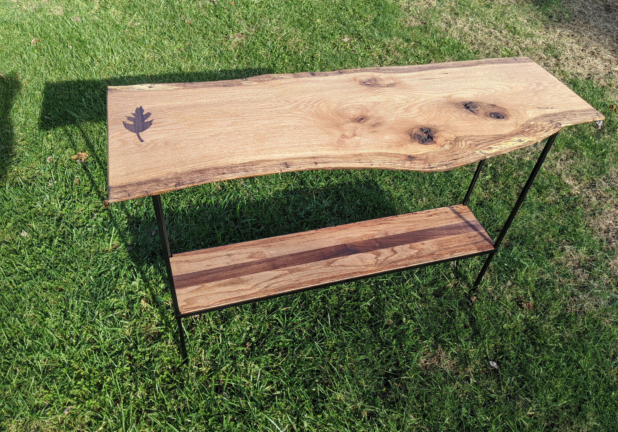Live-edge oak console with steel base