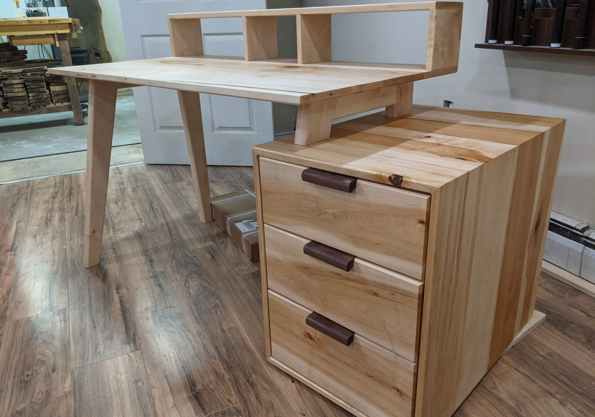 Beech and cherry desk with drawers